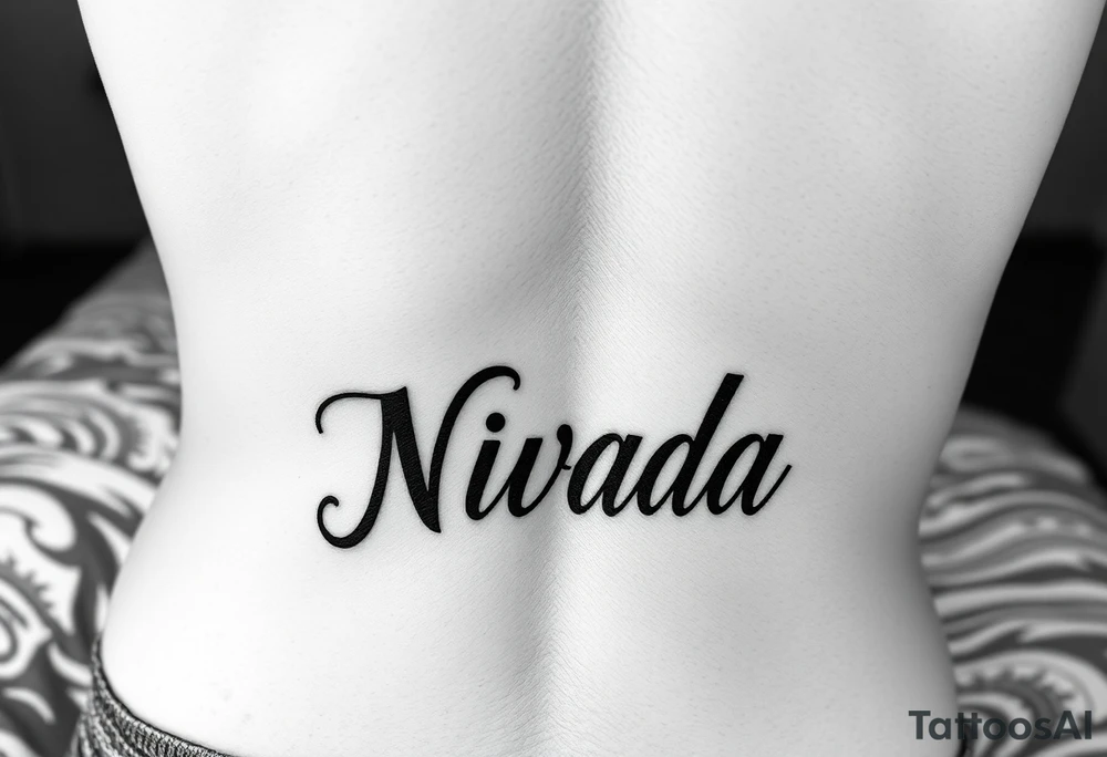 a woman's waist with the word "Nwada" written on her waist make her sit on the bed make it more sexy tattoo idea