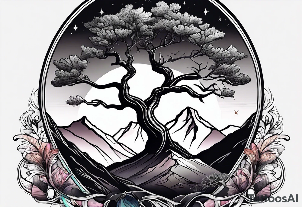 mountain with tree of life tattoo idea