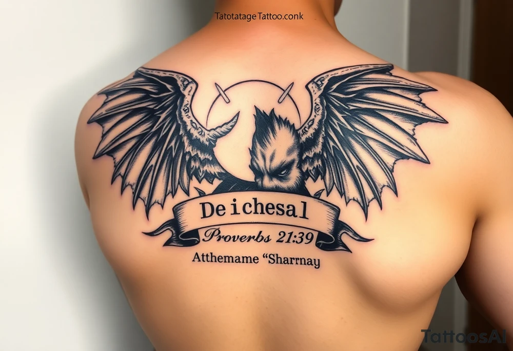 i want to fill my whole forearm so a full half sleeve can you generate archangel micheal stepping on the devils head like defeating him and then can you put  proverbs 21:39 below and put my moms name “Sharnay” with her eyes and fill wtv you want in with the rest just match the theme tattoo idea