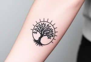Tree inside of a spiral moving sun tattoo idea