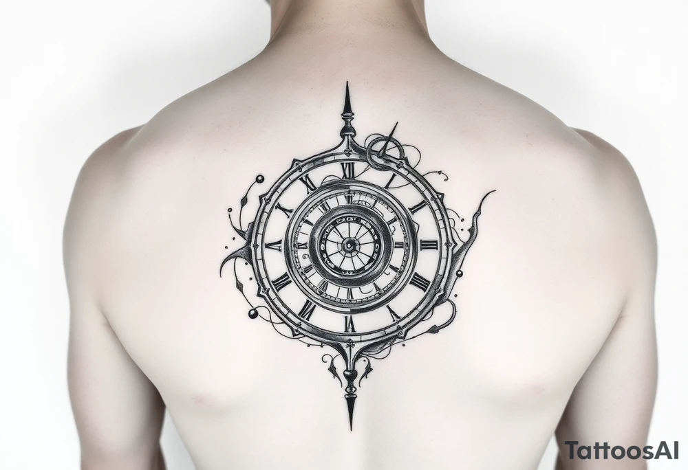 Chest and short-sleve universe themed spiral clock tattoo idea