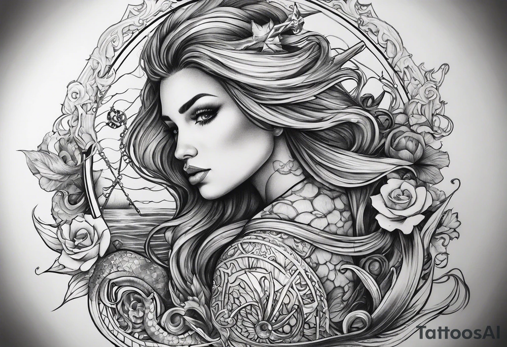 "I want to get a full sleeve tattoo with a sea theme. It should include a half-naked Viking woman, an anchor, a heart, a cross, and a half-naked mermaid. tattoo idea