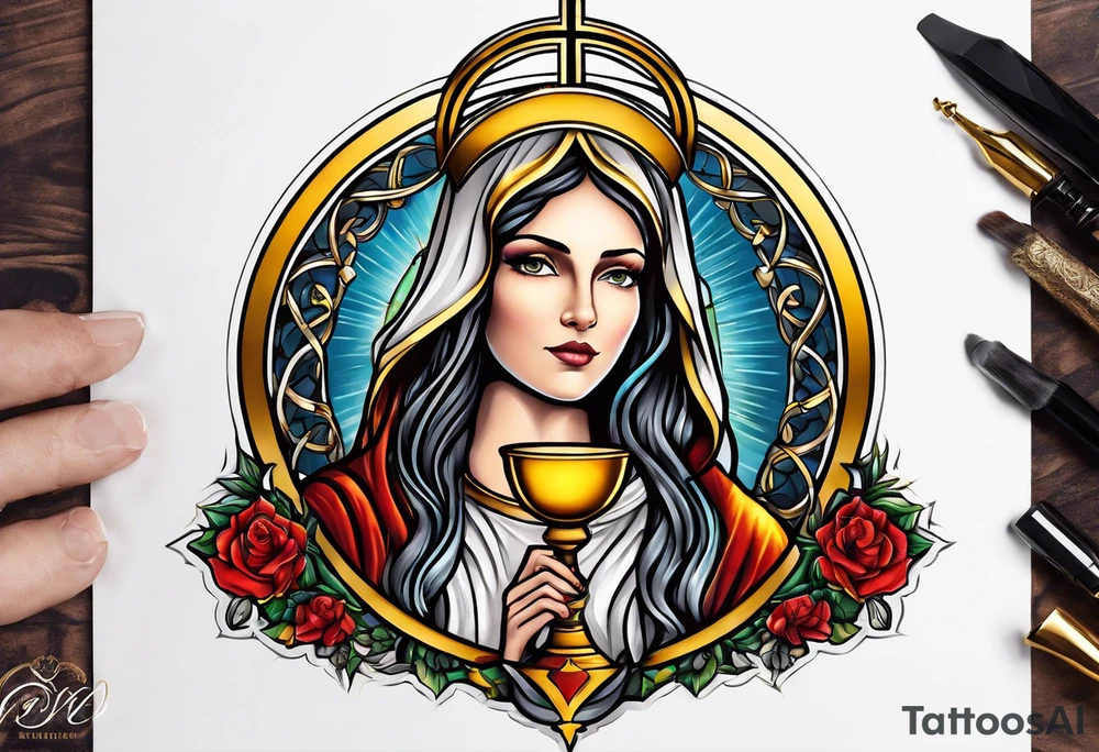 holy saint woman with golden halo holding a chalice tattoo idea