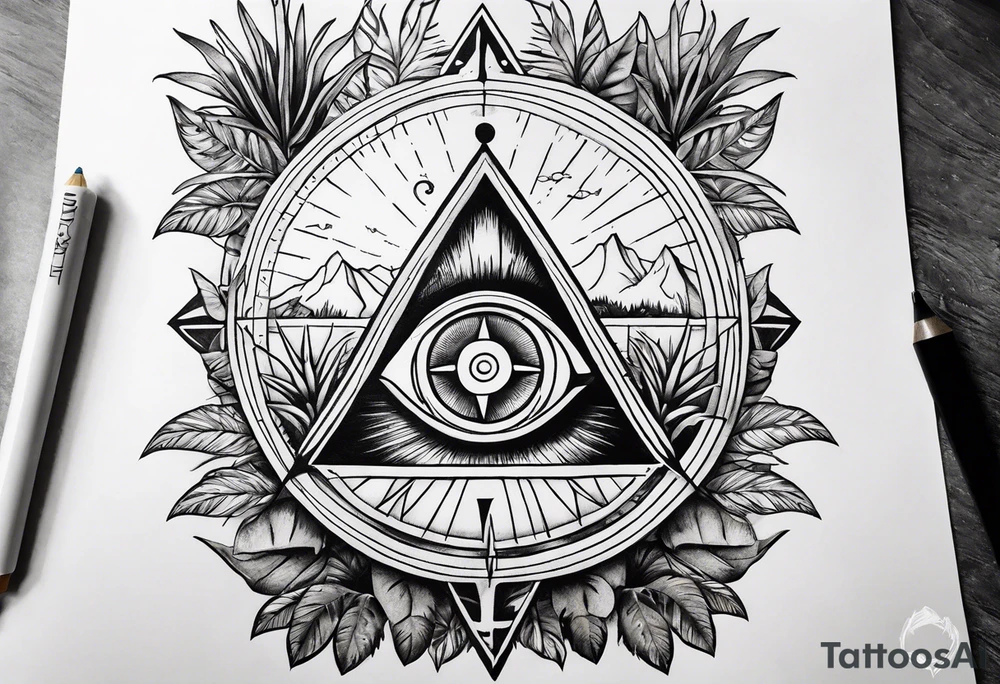 arm, jungle plants, compass, all-seeing eye tattoo idea
