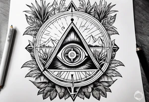 arm, jungle plants, compass, all-seeing eye tattoo idea