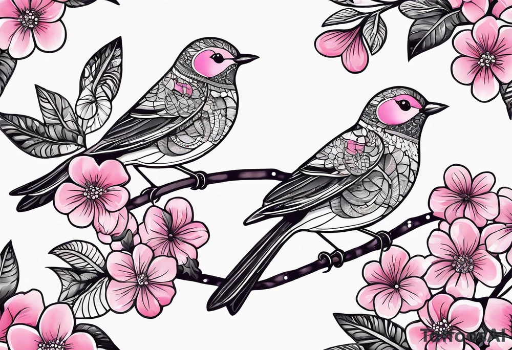 Small Pink flowers with decorative dott pattern, a bird and libra tattoo idea