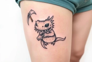 axolotl with big gills holding an axe tattoo idea