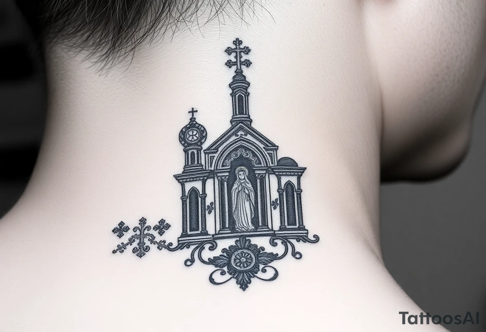 medium traditional russian orthodox church with a russian coat arms and virgin mary tattoo idea