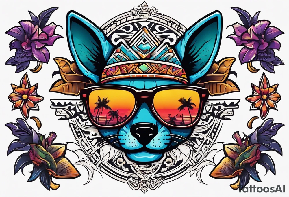 Colorful Mayan hieroglyph wearing sunglasses with bats and water tattoo idea