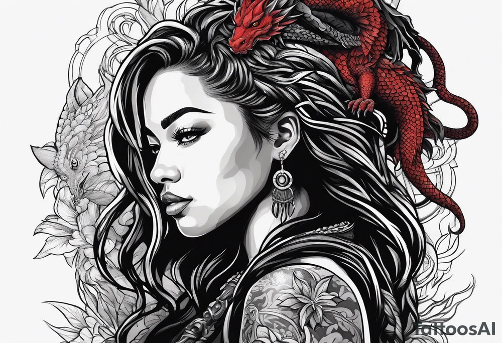Woman with locs and red dragon in background tattoo idea