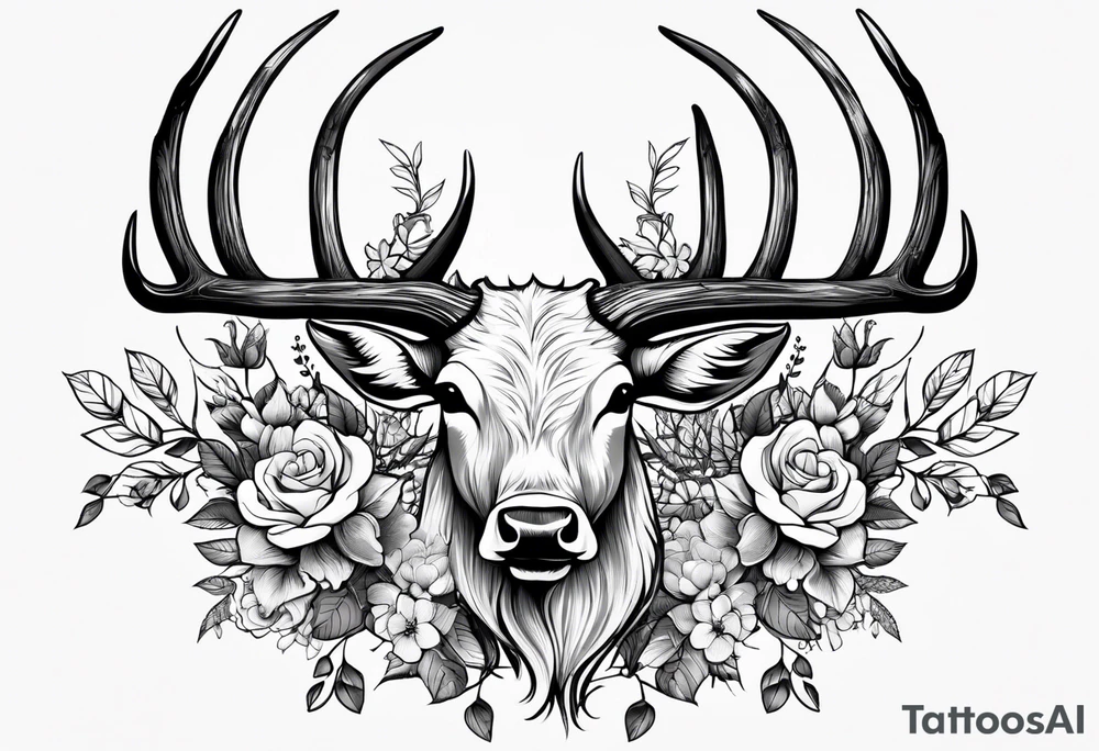 antlers rapped in barbed wire and flowers tattoo idea