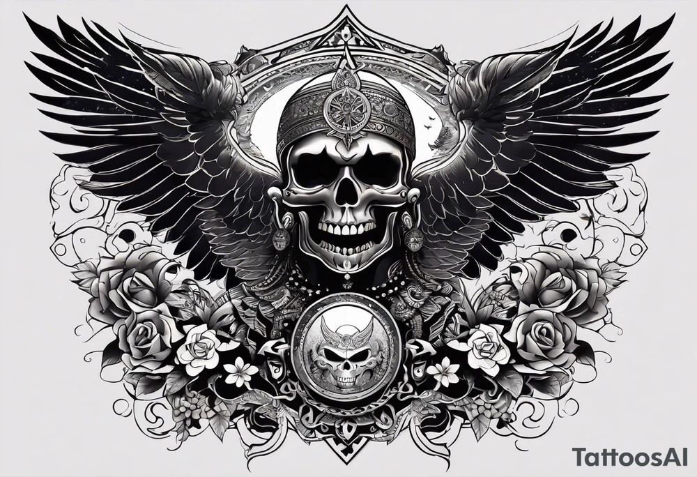 black kali, goddess pirate, alien, angel, pachamama, valkrye, warrior, flying, skull, lotus azul, wing, eagle, zenza resonance, stars, 5D, anahata chakra, death, durga, riding on a tiger, flying lady tattoo idea