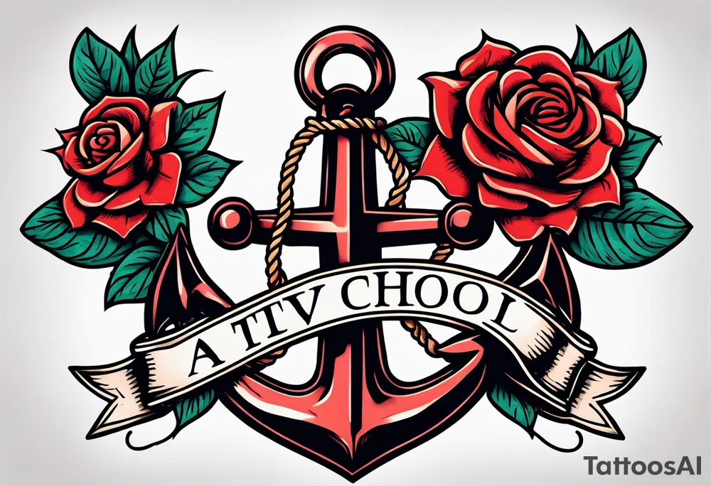 old school anchor sitting at an angle 
with rope 
and banner across anchor and old school roses tattoo idea