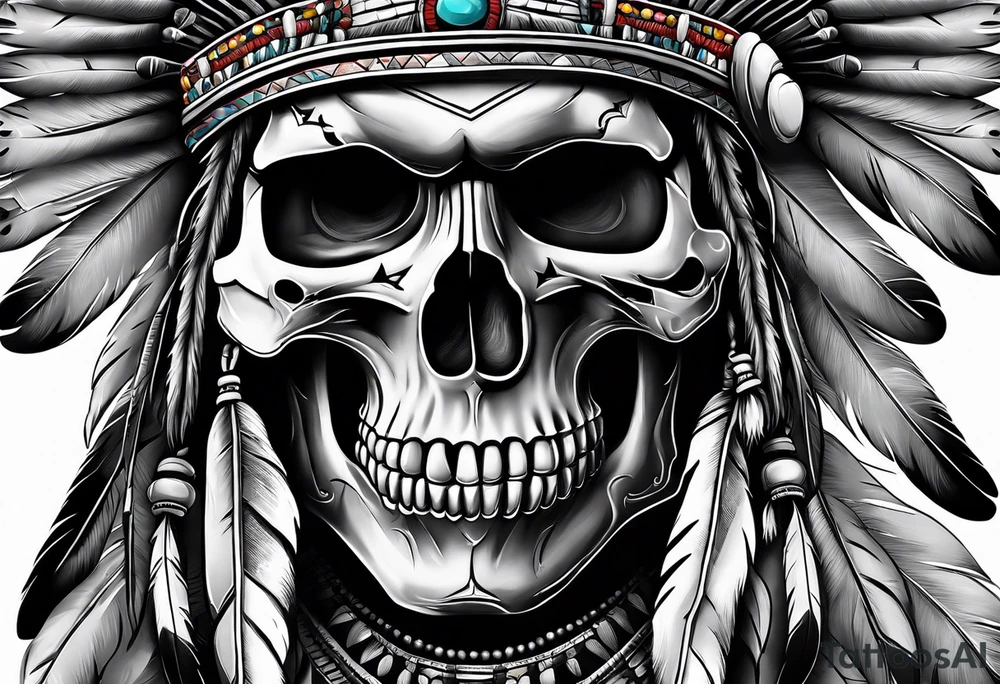 Native American warn chief skull with bonnet tattoo idea