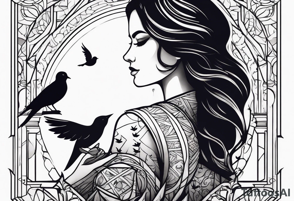 Silhouette of a woman holding a book and birds tattoo idea