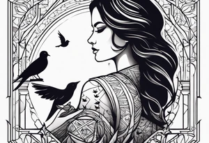 Silhouette of a woman holding a book and birds tattoo idea