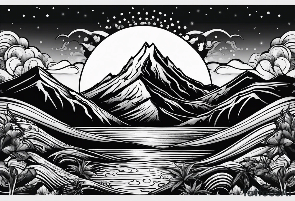 Line art sun mountain water tattoo idea