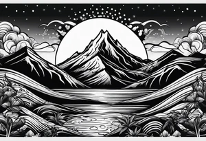 Line art sun mountain water tattoo idea