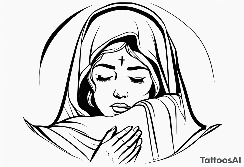 simple tattoo portraying a crying mary, front perspective, holding a tissue in her hand tattoo idea