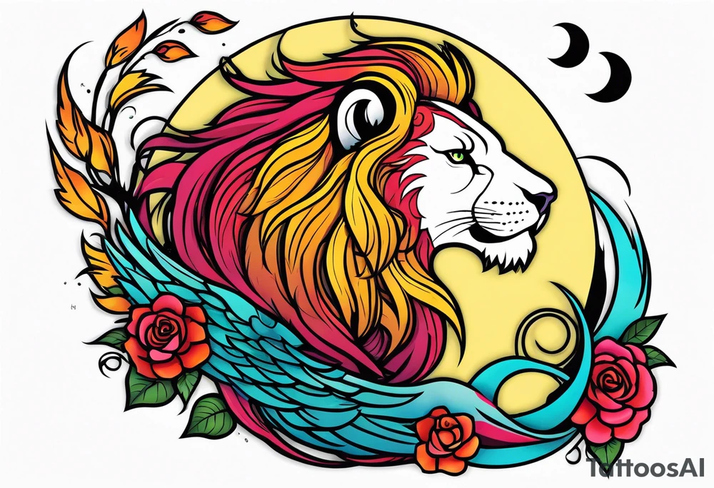 Lion phoenix rose moon tattoo idea