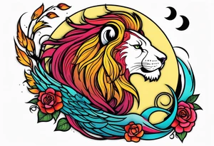 Lion phoenix rose moon tattoo idea