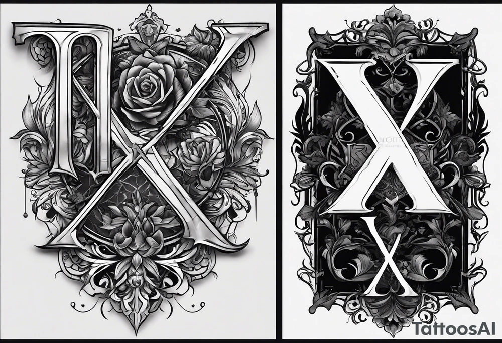 I need a tattoo design that prominently features the letter I & letter X while incorporating dark gothic 
elements. tattoo idea