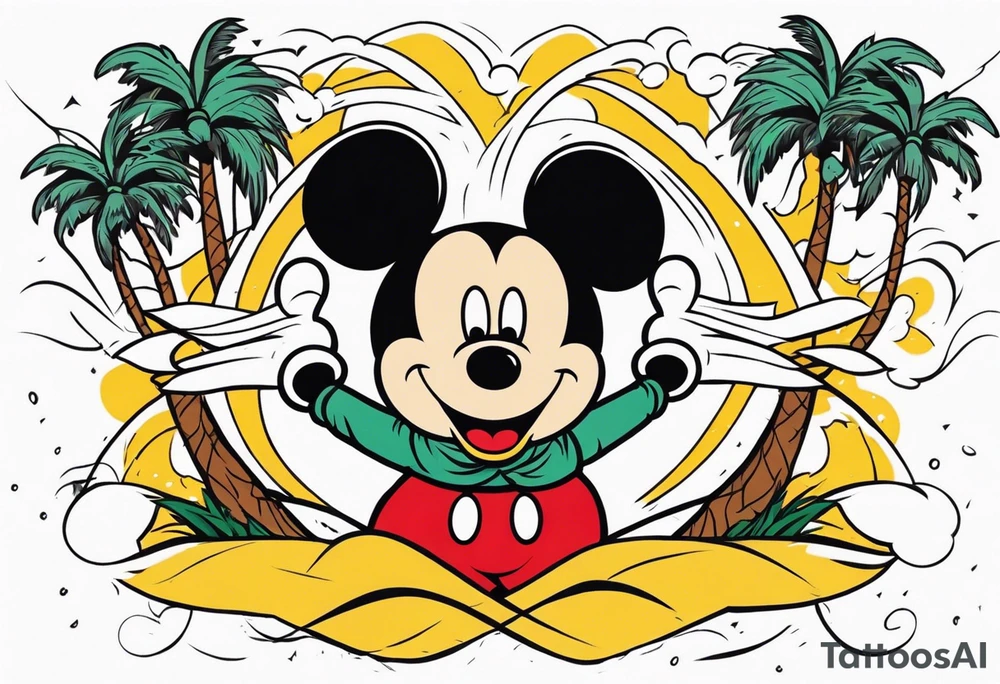 mickey mouse in a lightning storm with palm trees and the celtic symbol for family tattoo idea