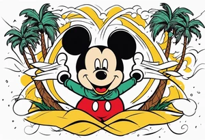 mickey mouse in a lightning storm with palm trees and the celtic symbol for family tattoo idea