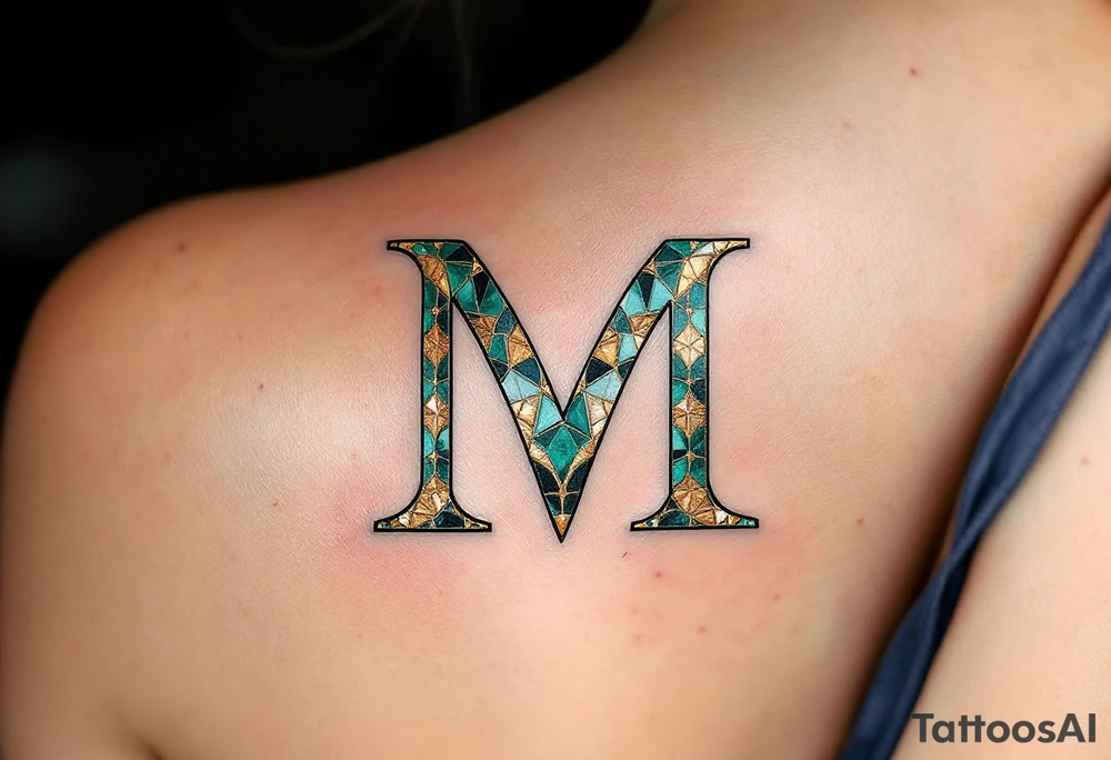 A mosaic-style "M" made of gold and emerald tiles, creating a royal effect. tattoo idea