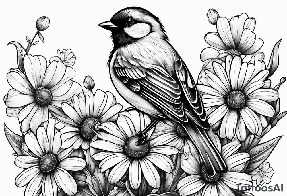 Little bird perched on a daisy flower tattoo idea