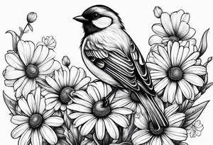 Little bird perched on a daisy flower tattoo idea