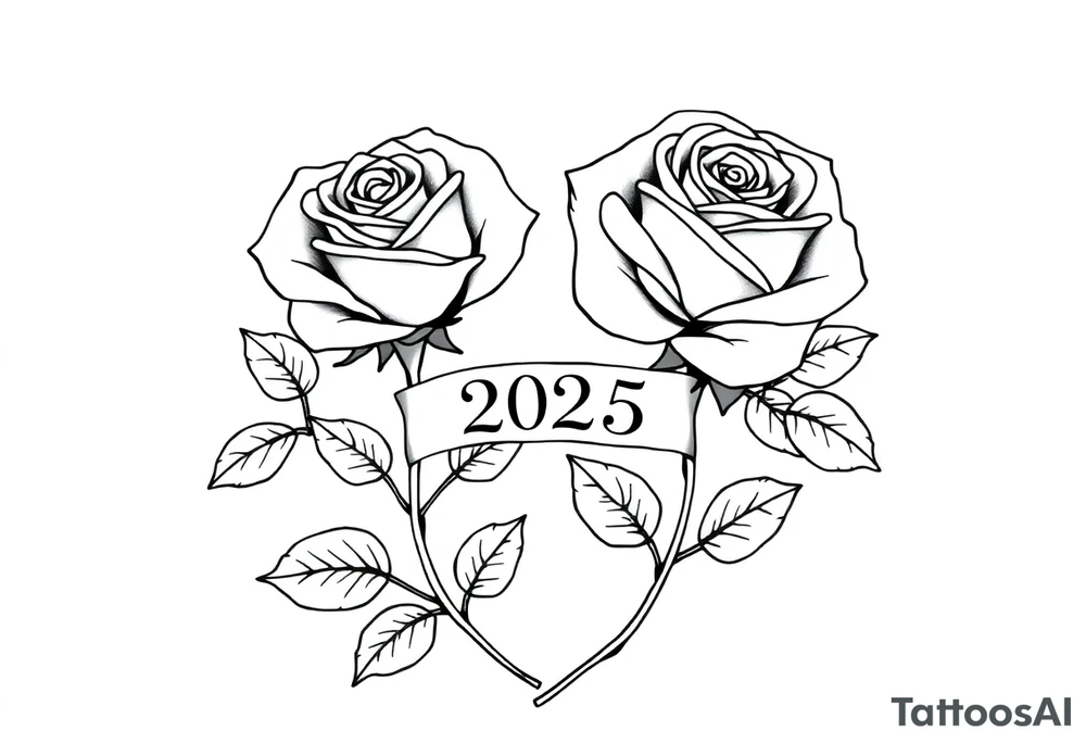 two beautiful large rose buds, one larger than the other, with many leaves next to the rose buds, with one sitting higher than the other. Include a banner connecting the two roses with the year 2025 on it.   Use dark outlines with little shading. The two stems should be short, not long, and connect and join into one stem, whimsically curved or twisted - not straight down. tattoo idea