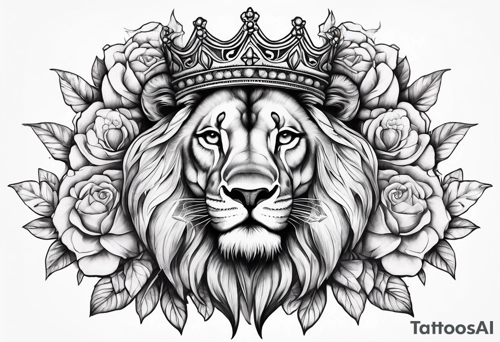 Lion flowers crown cross tattoo idea
