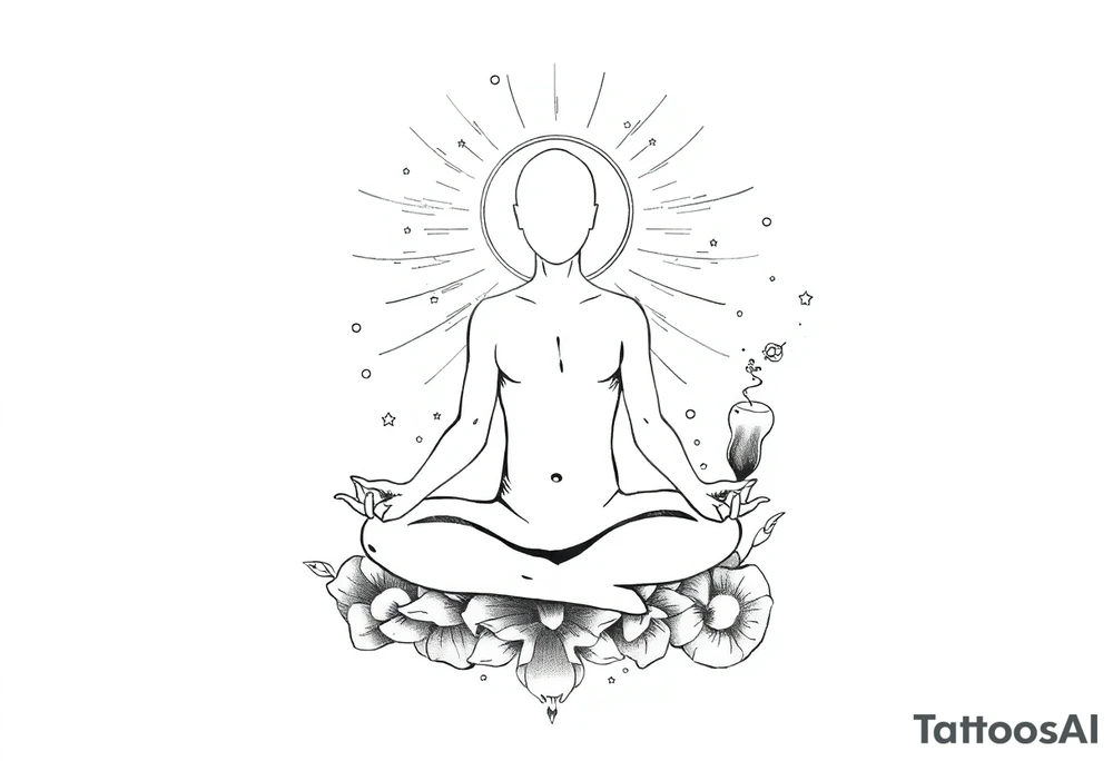 a figure - just a shadow /outline sitting in cross cross position meditating based on the lyrics “doing time in the universal mind” by the doors - with a psychedelic trippy background that correlates to TIME as the meditation expands out from his head into the universe / cosmos tattoo idea