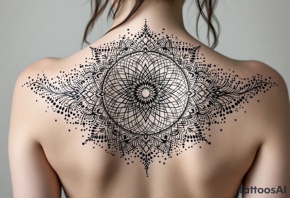 full back tattoo design with symmetrical ornamental patterns, combining dotwork, mandala elements, and flowing lines that follow the natural curves of the body. The design is intricate and balanced.” tattoo idea