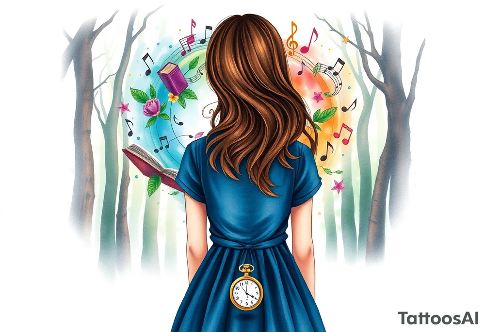 Back view of the silhouette of a brown hair girl in a blue dress inside a forest. She is following a magical colorful swirl of music notes, books, and flowers. A pocket watch is at the end of the swirl. tattoo idea