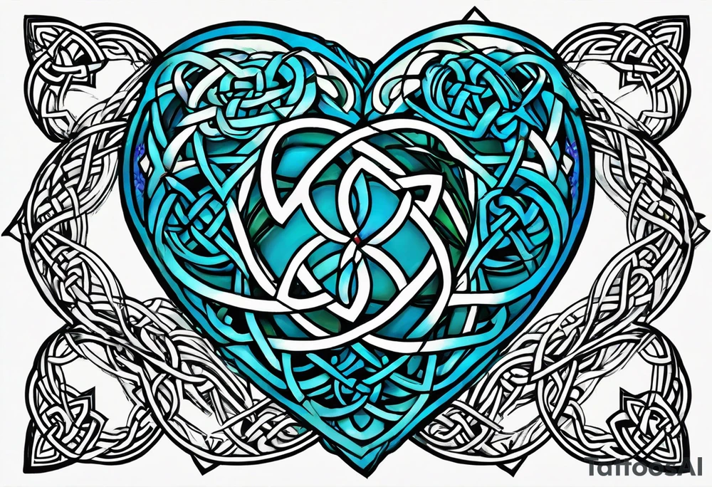 celtic knot blue breen witb one heart on one clover tattoo idea