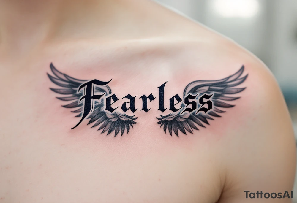 “Fearless” in steel gray Gothic style, flanked by wing motifs in faded charcoal. tattoo idea
