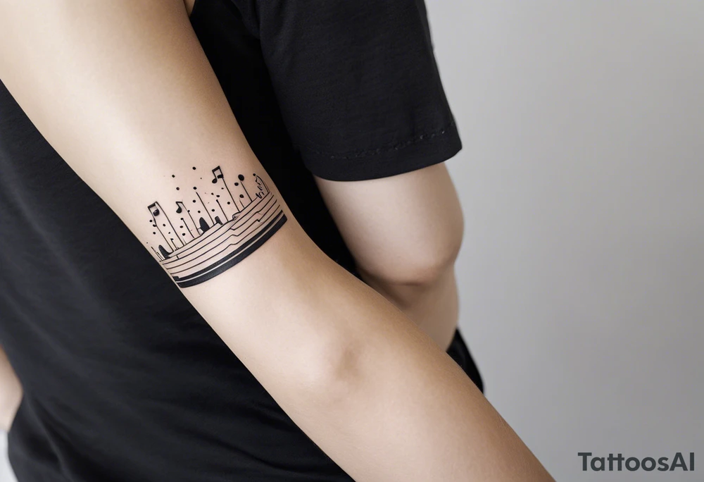 a simple line of icons down the back of the arm. each icon is half an inch big. they're all separated by small dots: a music note on a staff at the top, a wave of water beneath it, a pocket below that, followed by the mushroom from mario cart. the entire tatto is four inches down the arm and each icon is separated by two small dots. there is a lot of blank space tattoo idea