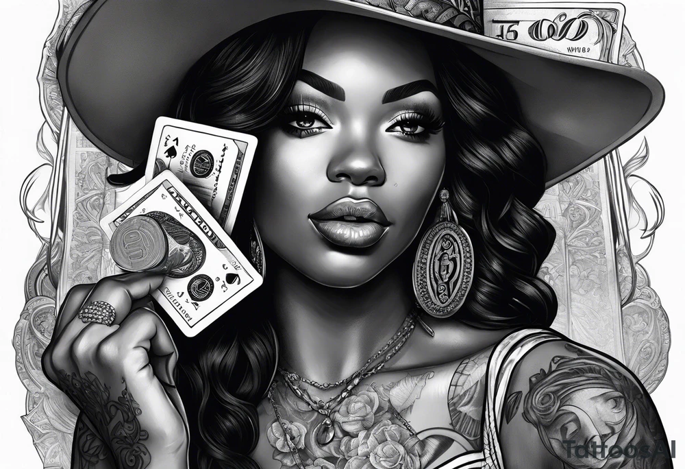 black woman bitting money dice cards whiskey tattoo idea