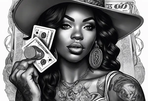 black woman bitting money dice cards whiskey tattoo idea