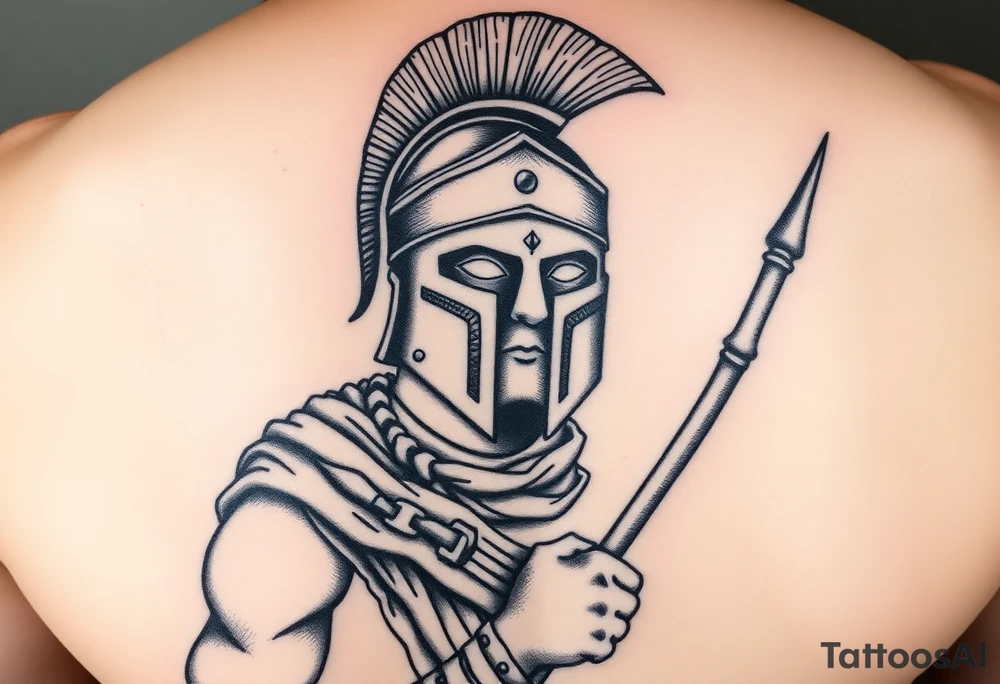 Spartan soldier, stoic face, holding a spear and shield, realism style. tattoo idea