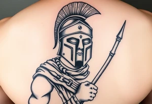 Spartan soldier, stoic face, holding a spear and shield, realism style. tattoo idea