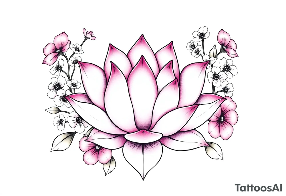 Lotus flower surrounded by forget me nots and peonies tattoo idea