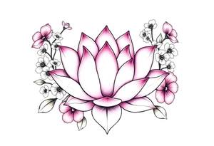 Lotus flower surrounded by forget me nots and peonies tattoo idea