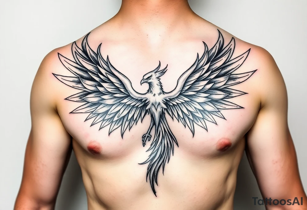 Realistic and symmetrical flaming Phoenix rebirth with spread low wings mapped onto chest tattoo idea