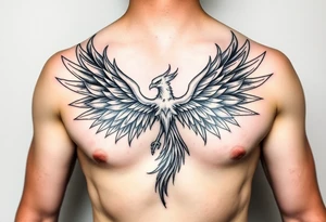 Realistic and symmetrical flaming Phoenix rebirth with spread low wings mapped onto chest tattoo idea