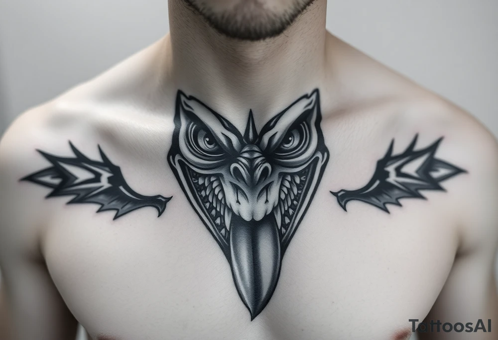 Eyes big and small on my chest for a man terrorizing with his eyes and very large teeth with a lizard tongue tattoo idea