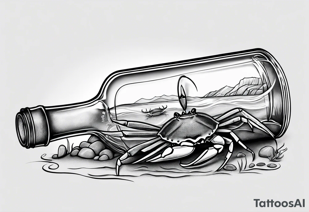 A message in a bottle. Rolled up map inside the bottle. crab outside protecting the bottle. tattoo idea