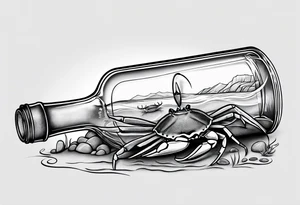 A message in a bottle. Rolled up map inside the bottle. crab outside protecting the bottle. tattoo idea